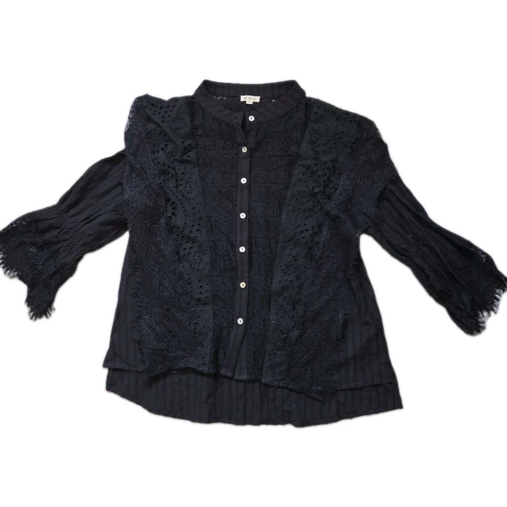 POL Black Eyelet Lace Button Front Boho Blouse Bell Sleeve High Low Size L EUC